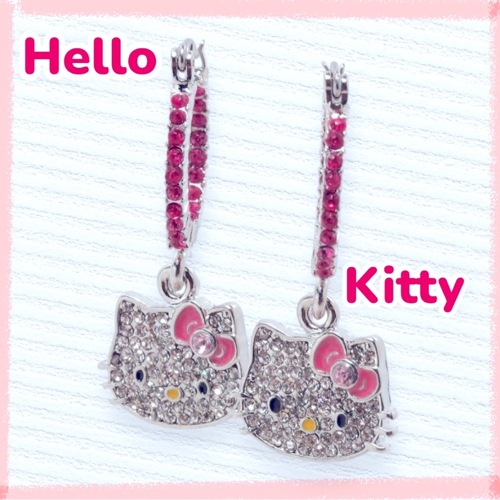 Hello Kitty Bling Deep Pink Hoop Drop Earrings in Sparkling Faux Diamond